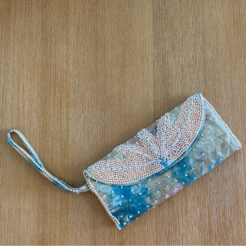 Free People Tie-dye beaded clutch wristlet- blue